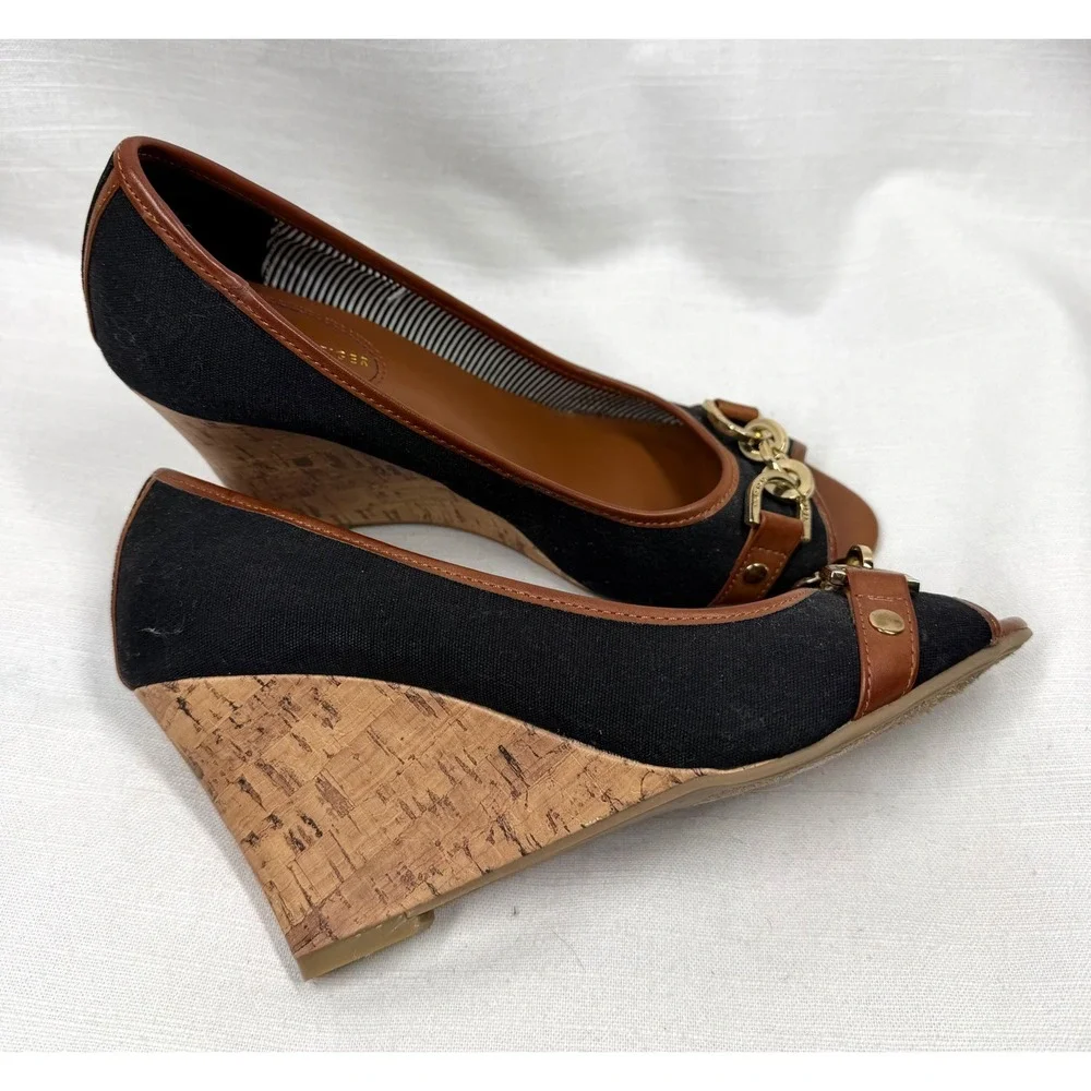 Tommy Hilfiger Canvas Horsebit Cork Wedge Peep Toe Heels Black Brown Sz 6.5 NWOB
